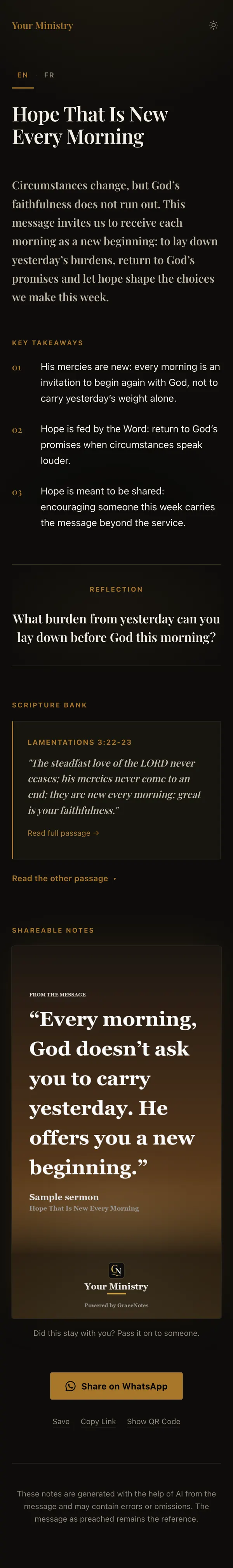 The full sample sermon page: summary, key takeaways, reflection question, Scripture and a share card.