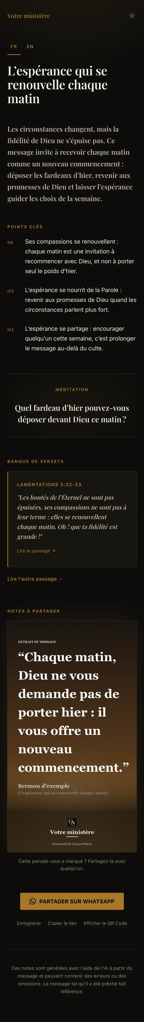 La page complète de la prédication d’exemple : résumé, points clés, question de méditation, passage biblique et carte à partager.