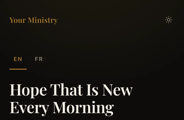 Top of a sermon page: the ministry’s name, language choice and the sermon title.