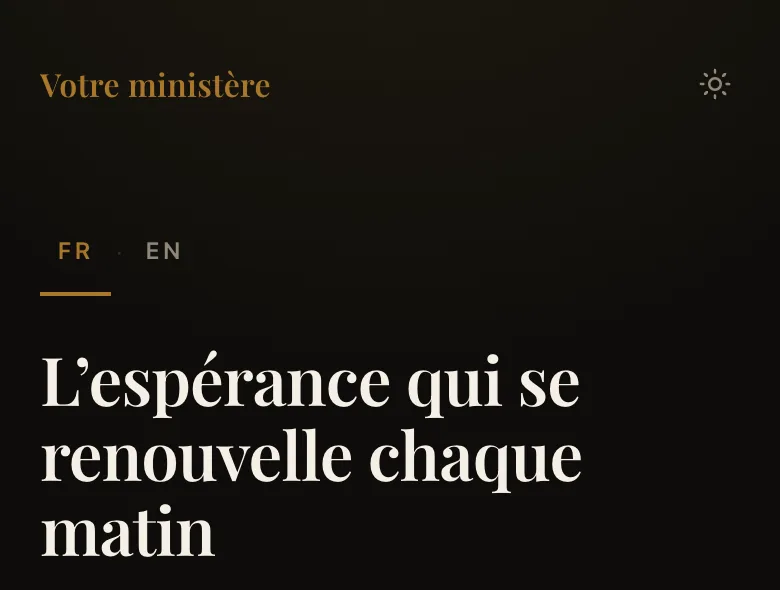 Haut d’une page de prédication : le nom du ministère, le choix de la langue et le titre.