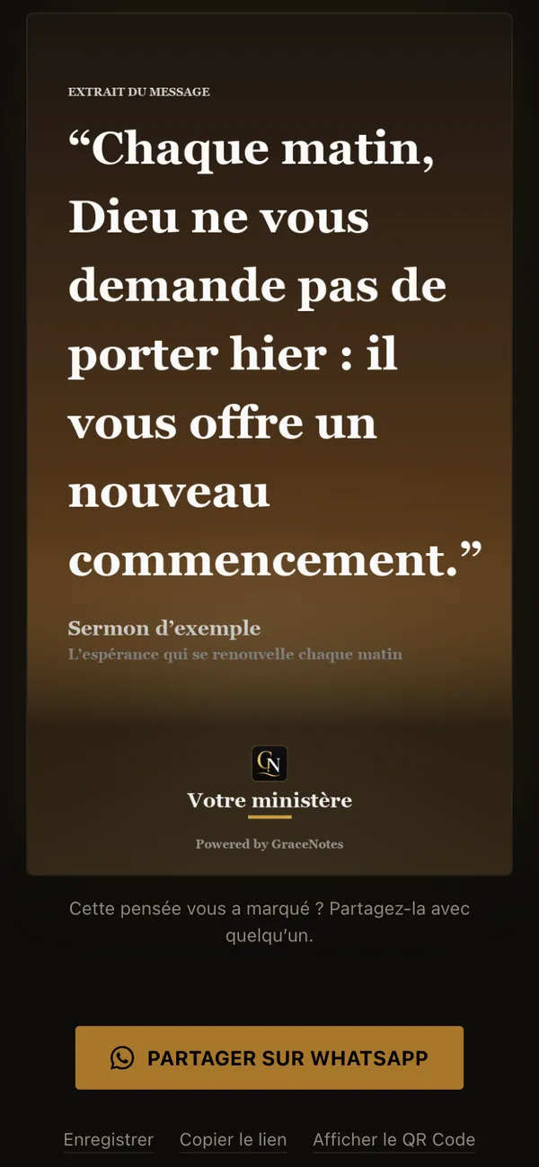 Une carte à partager avec « Partager sur WhatsApp », Enregistrer, Copier le lien et Afficher le QR Code.