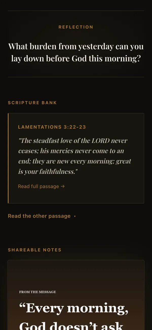 The same message’s reflection question and its Scripture.